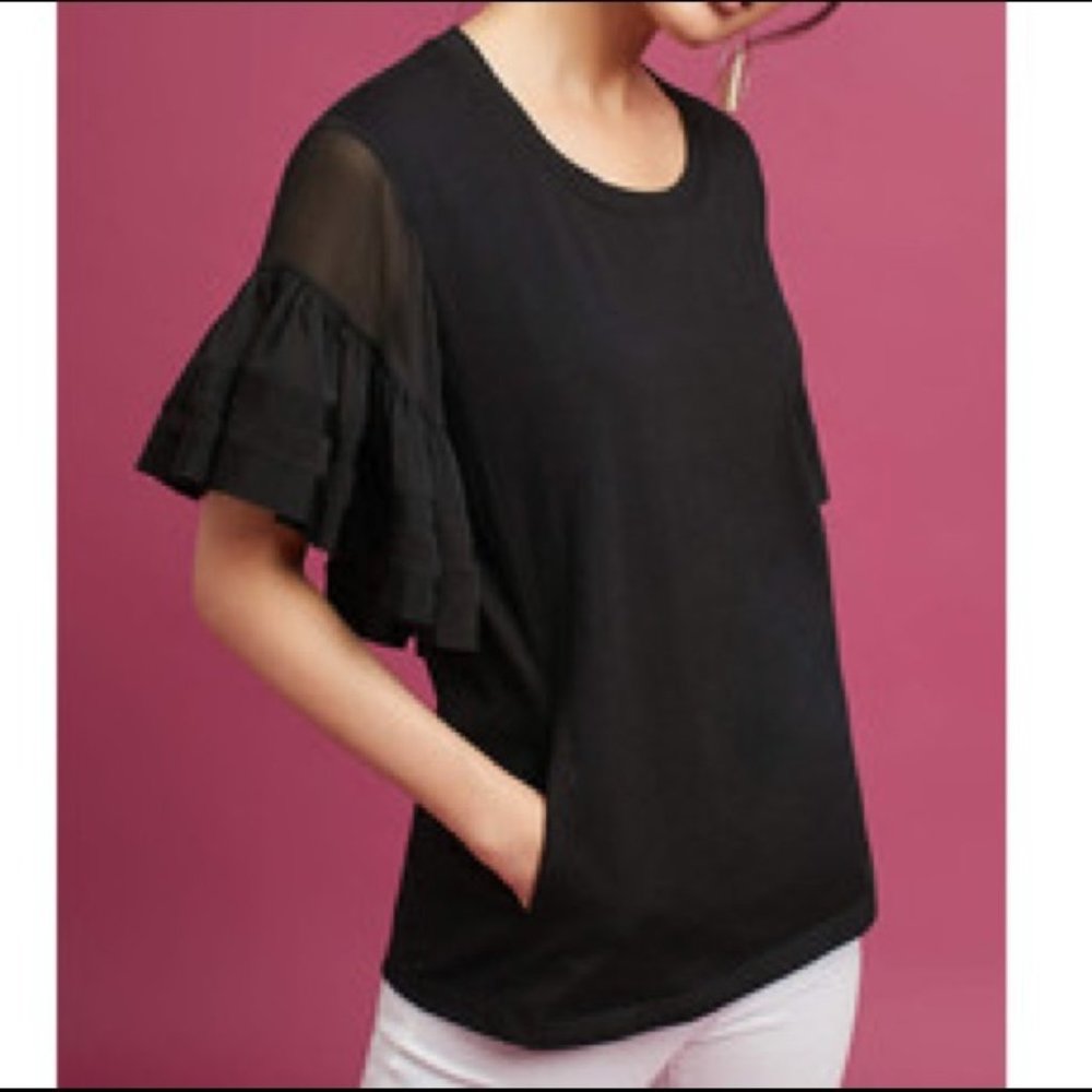 Vanessa Virginia Sorrento Top Tiered Sheer Ruffle Sleeves Black Heavy Cotton S
